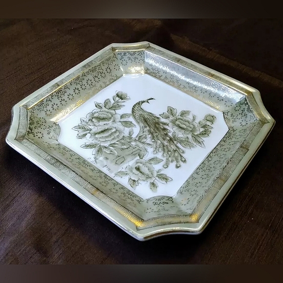 Vintage Japanese JADE GREEN GOLD PEACOCK trinket dish plate floral Asian square - Picture 3 of 10
